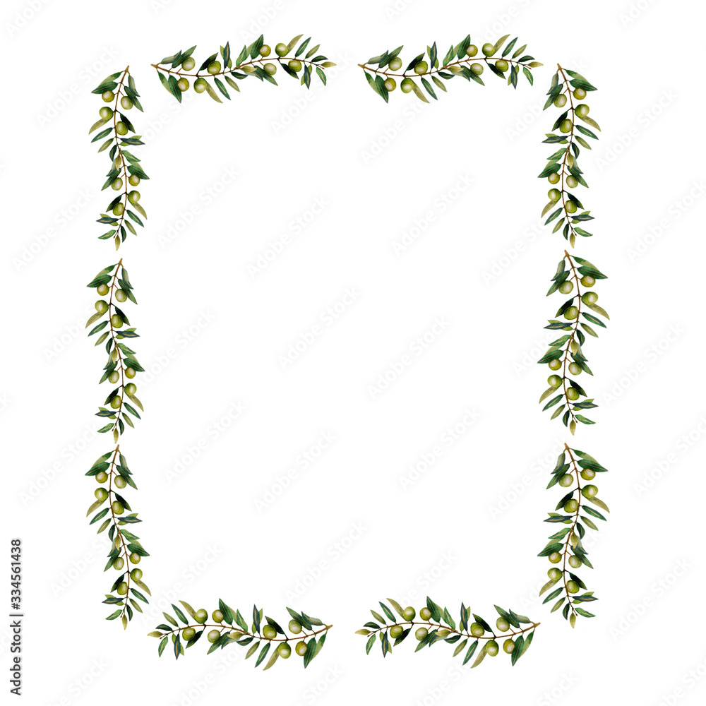 Watercolor illustration.Square frame of olive branches. . Isolated object on a white background. Print for textile, fabric, wallpaper Watercolor illustration.Square frame of olive branches. . Isolated object on a white background. Print for textile, fabric, wallpaper