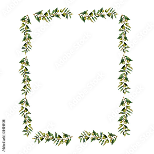 Watercolor illustration.Square frame of olive branches. . Isolated object on a white background. Print for textile  fabric  wallpaper