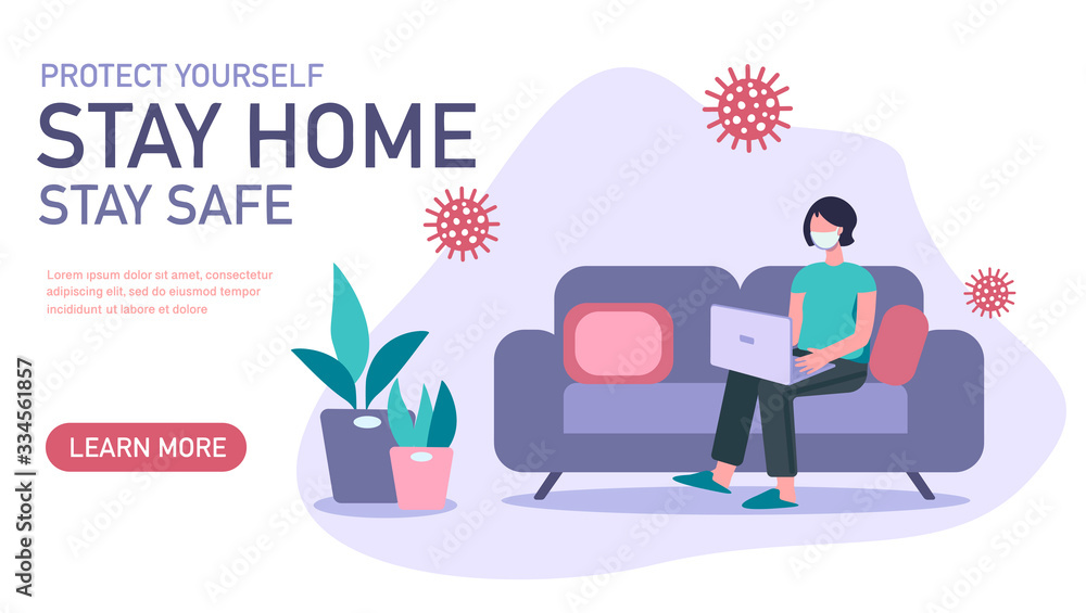 Stay home banner template. Young woman with madical mask sitting home with laptop. Quarantine or self-isolation. Trendy flat vector illustration, landing page Stay home banner template. Young woman with madical mask sitting home with laptop. Quarantine or self-isolation. Trendy flat vector illustration, landing page