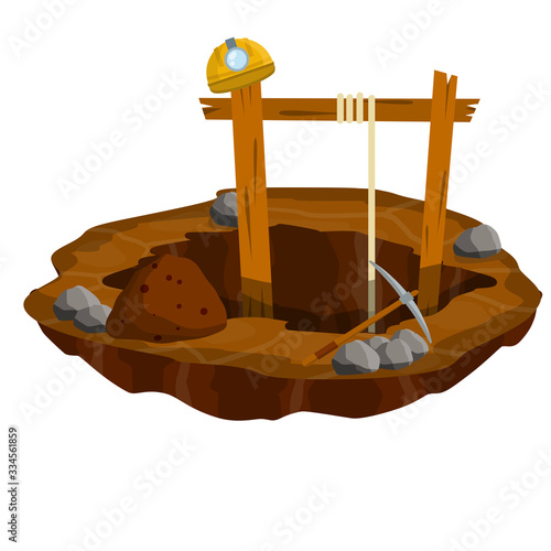 Mine. Hole in ground, rocks, pickaxe, miner's helmet. Extraction of minerals. Industrial concept. Old lifting mechanism