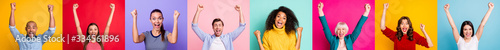 Photo collage of group of eight different delightful cheerful encouraged victorious champion millennials have good mood feel happy excited emotion isolated over multicolored background sale concept photo