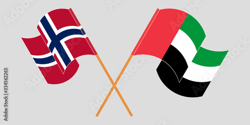 Crossed and waving flags of Norway and the United Arab Emirates