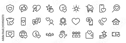  The set of icons about love contains such icons as love of music, declaration of love, heart, favorite home, Linear set. Vector on a white background. Editable stroke. 480x480