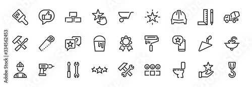 Set of construction icons, simple vector lines, contains the following icons builder, roller, hammer with wrench, toilet bowl and much more. Editable stroke. 48x48 pixels perfect, white background