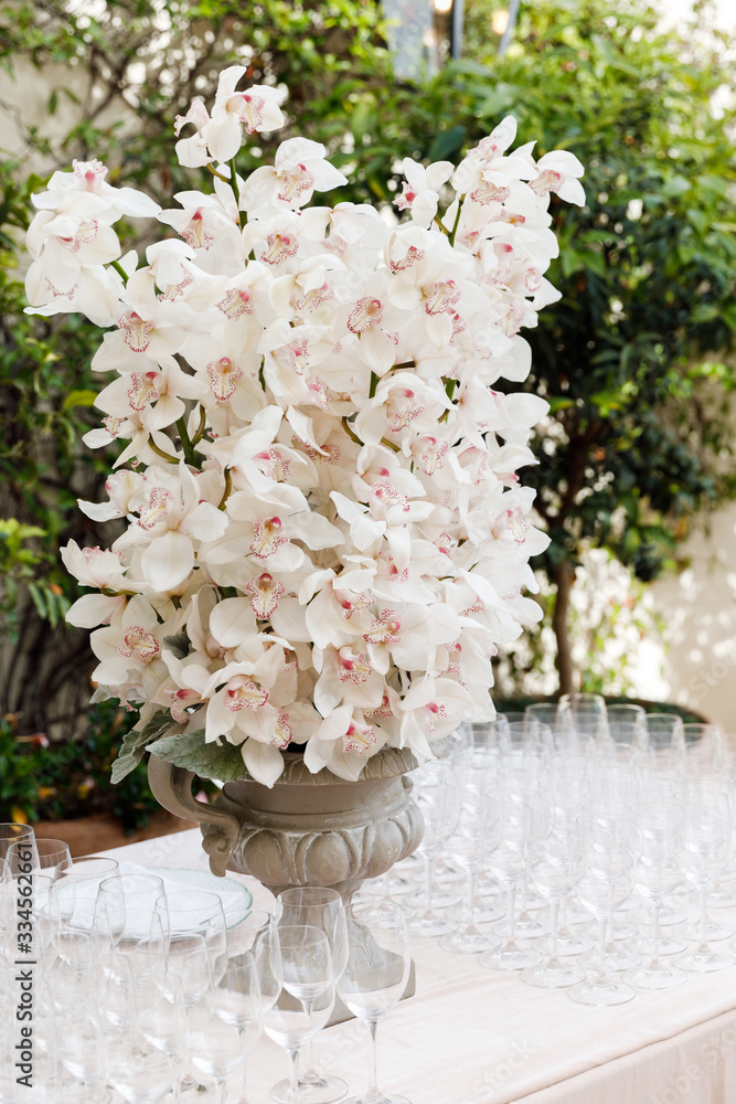 Vineglasses on the wedding table in restaurant