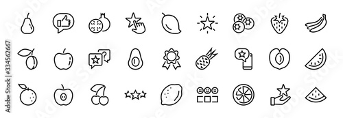 Fruit Icon Set, Vector lines, Contains icons such as apple, banana, cherry, lemon, watermelon, Avocado Editable stroke, 48x48 pixels, White background, eps 10