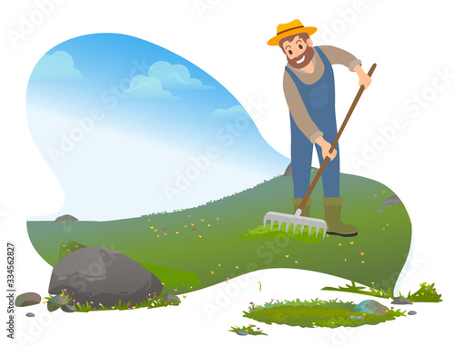 Farmer working with soil. Man using rakes at lawn. Farming character wearing special uniform and hat. Bearded male and landscapes with greenery and stones on ground. Agriculture vector in flat