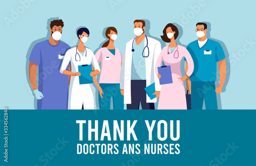 CoVID-19 Spread of the virus. New Coronavirus 2019-nCoV Poster Thank you doctors and nurses. Thanks to the medical team during the coronavirus epidemic. Vector illustration.