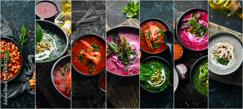 Set of colored soups, photo collage. Healthy food. On a black stone background.