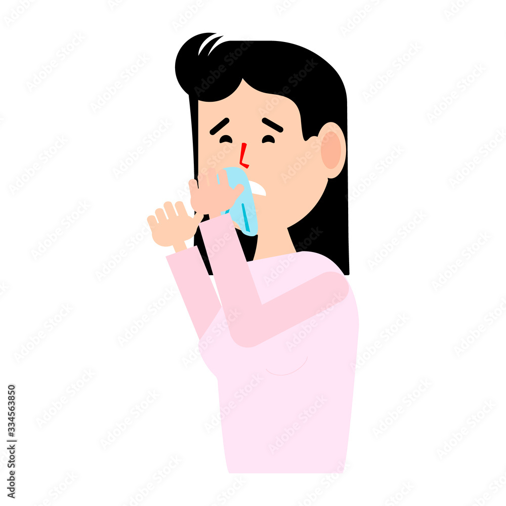 A woman s runny nose.Flat illustration.Rhinitis.Allergies to pollen, Pets.The disease is viral, ill health.Vector illustration A woman s runny nose.Flat illustration.Rhinitis.Allergies to pollen, Pets.The disease is viral, ill health.Vector illustration