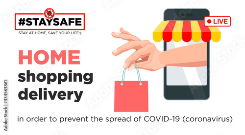 Stay home with your social media campaign and prevent coronavirus infection. Shopping delivery Internet purchases. Social advertising, poster, sticker, vector.