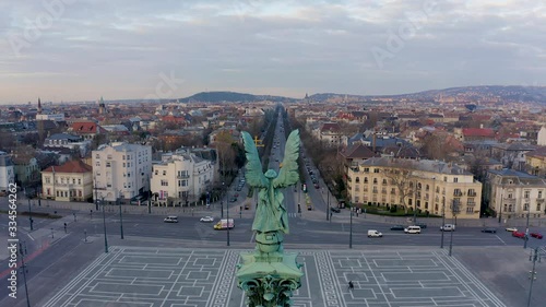 Europe Hungary Budapest. Hereos square. Aerial video. footage. Millenium monuments. Gabriel Ark angel.  photo