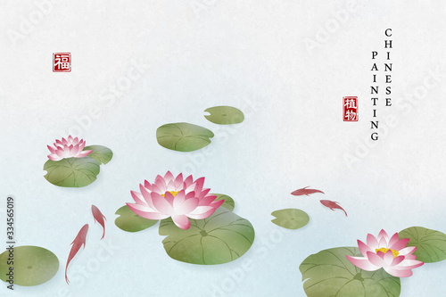Chinese ink painting art background plant elegant flower water lily and fish in the pond. Chinese translation : Plant and Blessing.