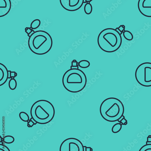 Black line Perfume icon isolated seamless pattern on green background. Vector Illustration