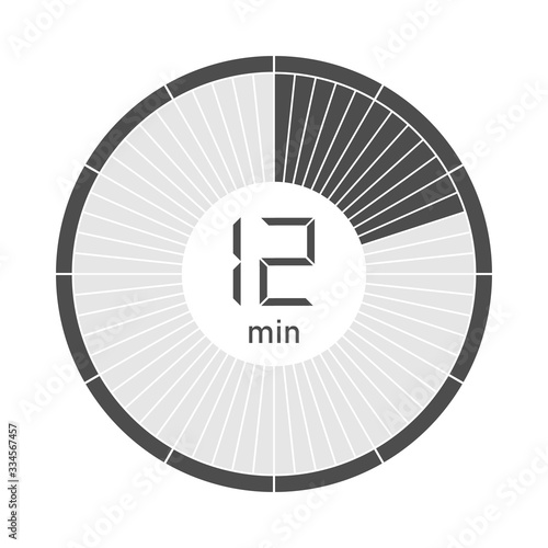 The 12 minutes stopwatch icon, digital timer. Vector illustration.