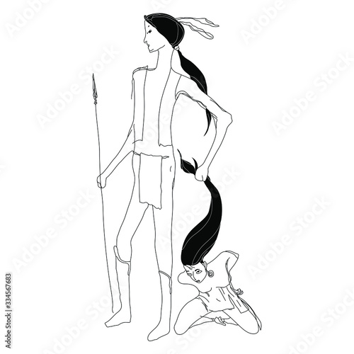 Isolated vector illustration. Native American Indian young warrior and captive woman with long hair. Hand drawn linear sketch. Black and white silhouette. Original style art. Female and male archetype