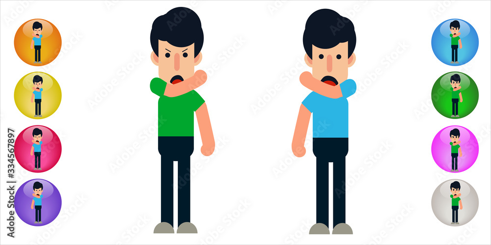 Cough or Sneeze into your elbow, not yout hands in 2 different variations of flat design illustrations. Prevent contamination, spreading germs and viruses icon. Coronavirus, covid-19 virus. Vector Cough or Sneeze into your elbow, not yout hands in 2 different variations of flat design illustrations. Prevent contamination, spreading germs and viruses icon. Coronavirus, covid-19 virus. Vector