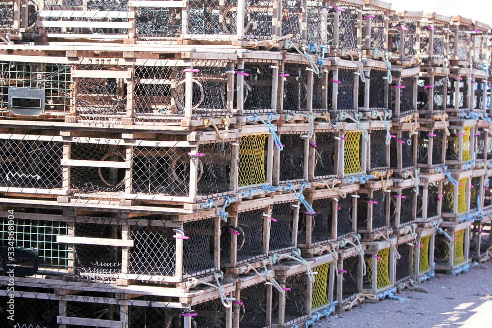 Lobster traps stacked 5 high