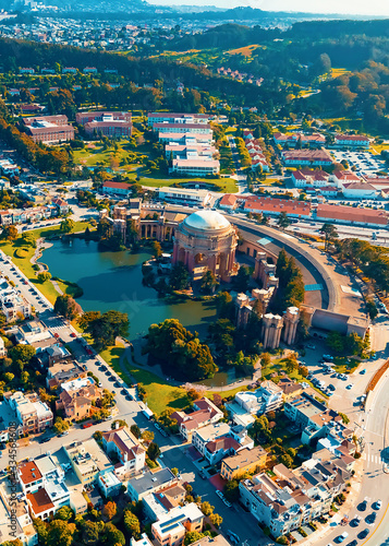 Aerial view of San Francsico, CA with the Palace of Fine Arts