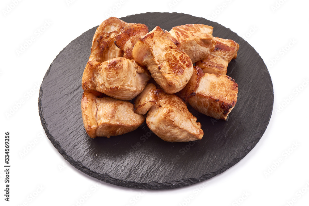 Roasted pork kebab. Grilled meat pieces, BBQ, isolated on white background
