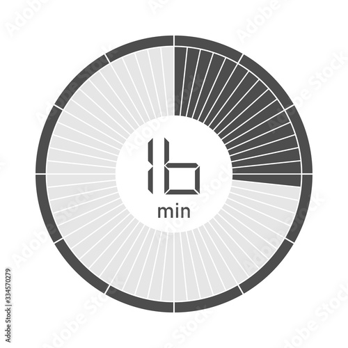 The 16 minutes stopwatch icon, digital timer. Vector illustration.