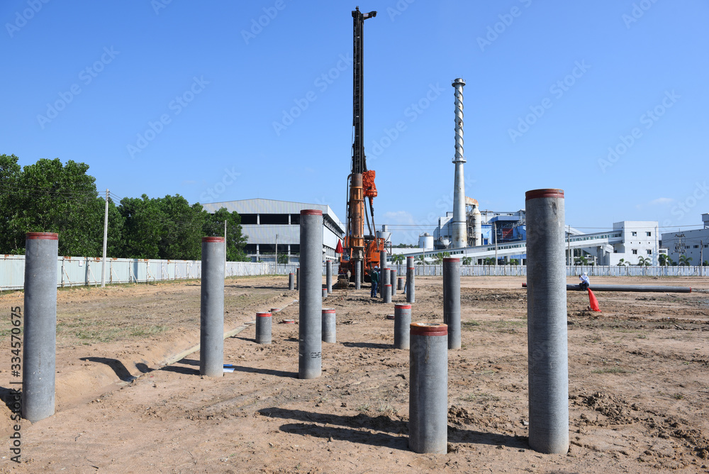 diesel hammer pile driving machine working on construction field
