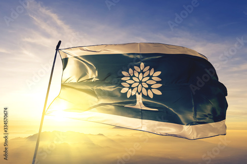 Photography London of Ontario of Canada flag waving on the top sunrise mist fog