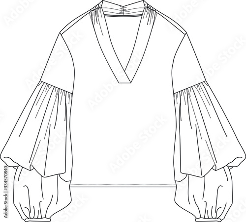 Blouse design Fashion Flat Sketch Template. Top with a V-neck, Long balloon sleeves, elastic detail.
