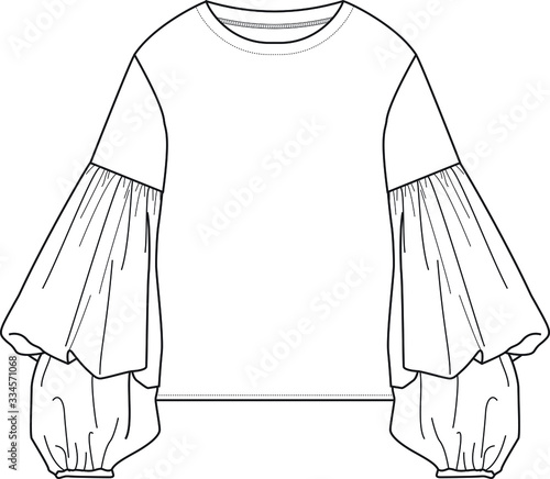 Fashion Flat Sketch.Blouse template. Puffed sleeve detail top.