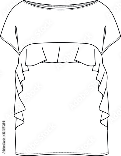 BLOUSE design,Fashion Flat Sketch, apparel template.Ruffle trims top.