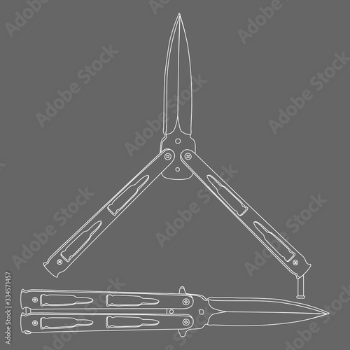 Two white contour balisongs on grey background