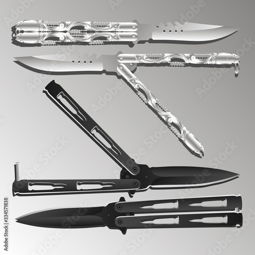Realistic black and silver balisongs or butterfly knives in different positions