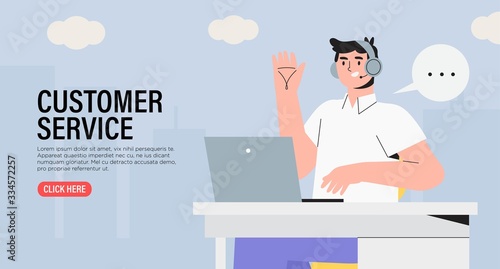 Male character specialist from customer service or technical support working on laptop in office. Concept of online support or assistance, call center or e-commerce banner, landing page design.