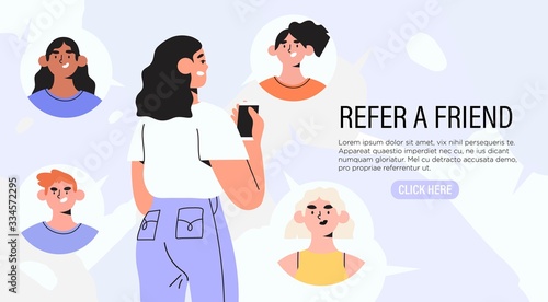 Refer a friend concept with woman holding smartphone with her friends social media profile pages or user accaunt. Refferal marketing strategy banner, landing page template, ui, web, banner, flyer. photo