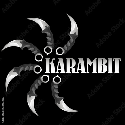 Six realistic karambits around the word 'karambit'