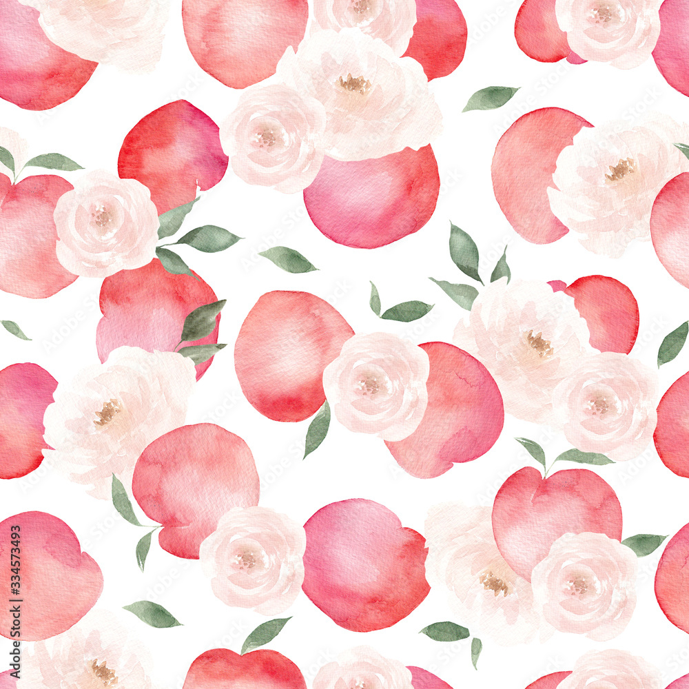 Seamless pattern with watercolor hand draw peach and elegante flowers, season print, isolated on white background Seamless pattern with watercolor hand draw peach and elegante flowers, season print, isolated on white background