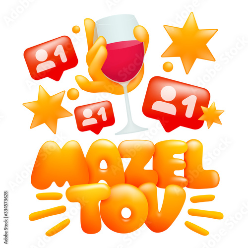 Mazel tov - Congratulations Yiddish language invitation card template with hand holding glass of wine