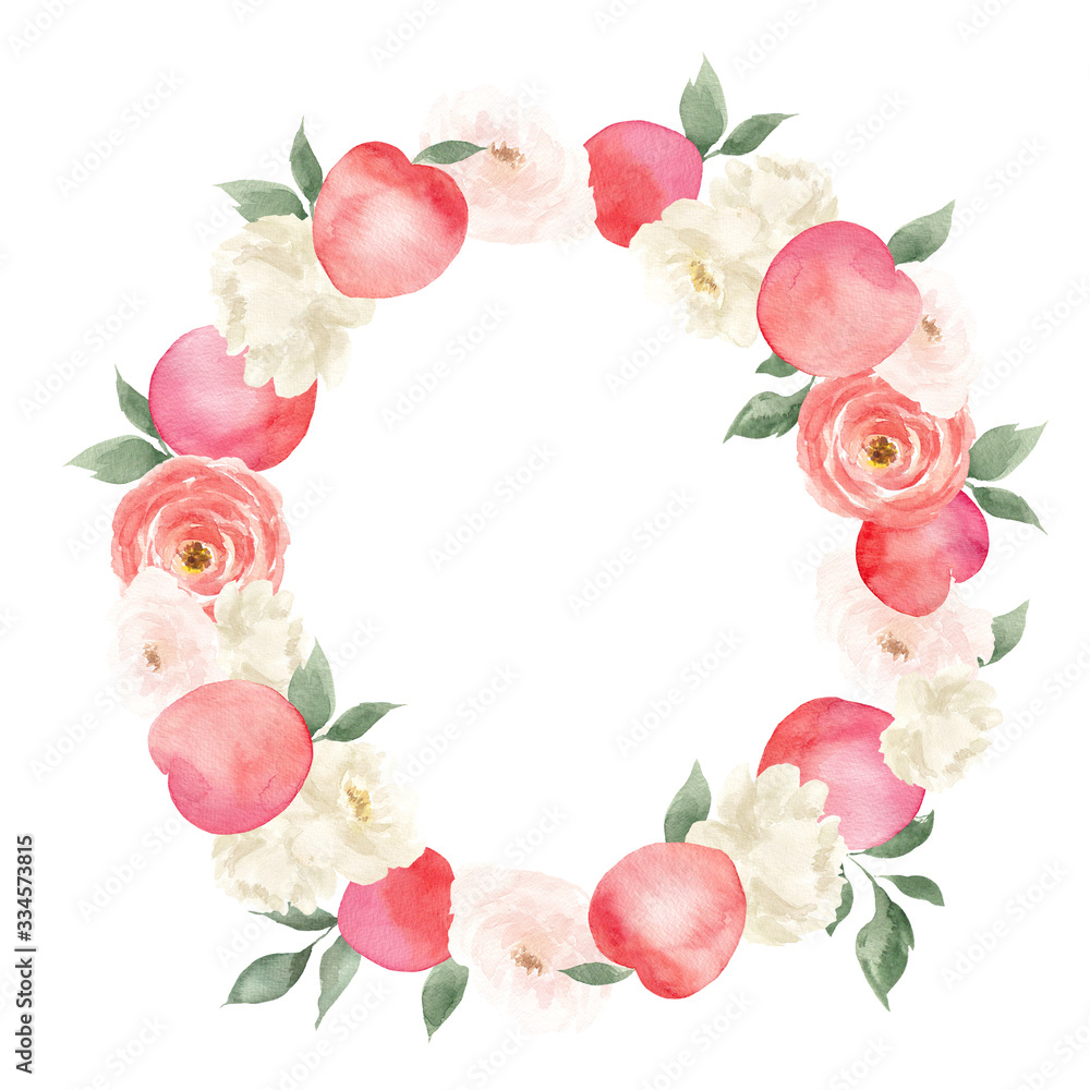 Watercolor hand draw wreath with peach and elegante flowers, isolated on white background Watercolor hand draw wreath with peach and elegante flowers, isolated on white background