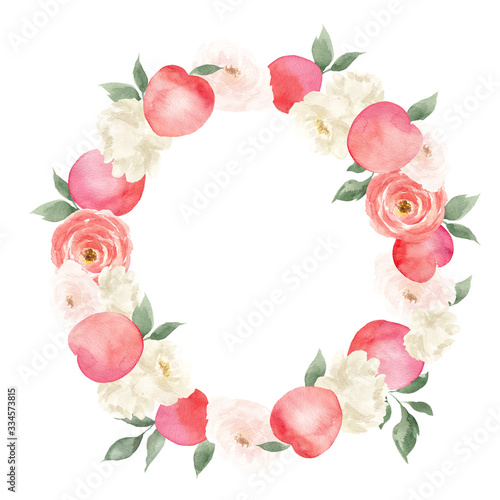 Watercolor hand draw wreath with peach and elegante flowers, isolated on white background