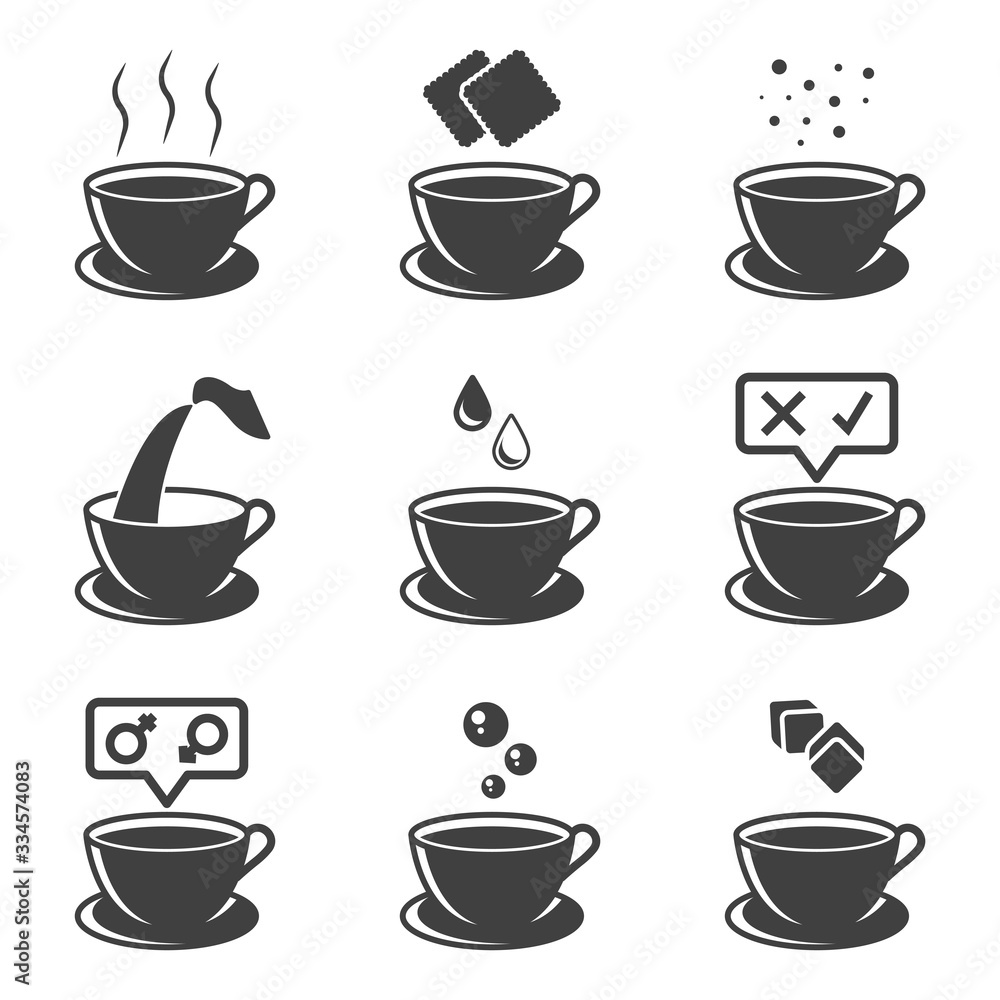 Obraz premium Set of cup icons with tea or coffee. Various options for joint consumption and dessert options to them. Cookies, creams, ingredients, and more. Isolated vector on a white background.