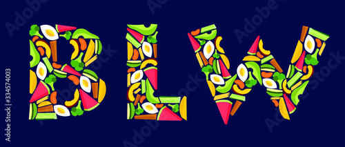 Baby-led weaning abbreviation poster, banner, print. BLW letters consisting of finger foods for weaning. Flat illustration of bites for self-feeding. Vector illustration.