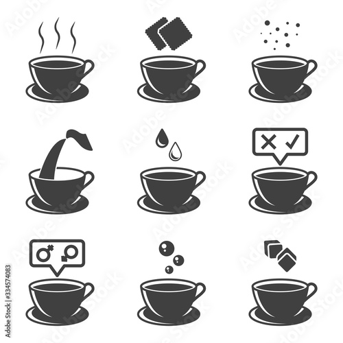 Set of cup icons with tea or coffee. Various options for joint consumption and dessert options to them. Cookies, creams, ingredients, and more. Isolated vector on a white background.