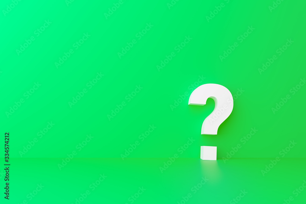 White question mark on a green background. 3D render of the volumetric sign of the wall and floor with reflection. With space for copyspace test. White question mark on a green background. 3D render of the volumetric sign of the wall and floor with reflection. With space for copyspace test.