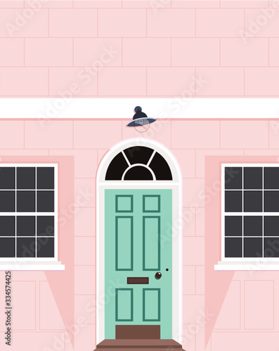 Beautiful peach house facade. Modern outdoor design. London style property. Trendy hand drawn vector illustration of a peach colour house with a light green door. House wall, door and two windows.