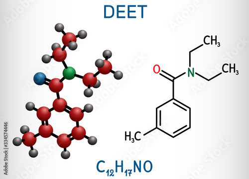 DEET, diethyltoluamide, N,N-Diethyl-meta-toluamide C12H17NO  molecule. It is active ingredient in insect repellents. Structural chemical formula and molecule model
