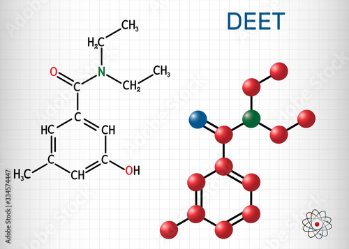 DEET, diethyltoluamide, N,N-Diethyl-meta-toluamide C12H17NO  molecule. It is active ingredient in insect repellents. Structural chemical formula and molecule model. Sheet of paper in a cage