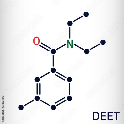 DEET, diethyltoluamide, N,N-Diethyl-meta-toluamide C12H17NO  molecule. It is active ingredient in insect repellents. Structural chemical formula