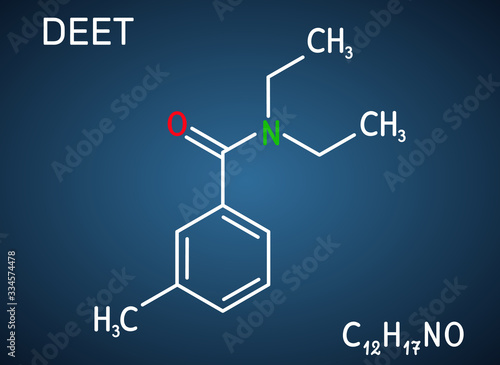 DEET, diethyltoluamide, N,N-Diethyl-meta-toluamide, C12H17NO  molecule. It is active ingredient in insect repellents. Structural chemical formula on the dark blue background