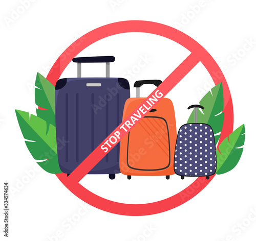 Stop traveling. Suitcases for travel in a forbidden sign. Vector symbol in cartoon style.