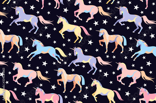 Dark unicorn pattern. Seamless unicorn and star design. Beautiful magic horses. Children illustration pony. Running unicorns. Hand drawn vector design for web and print.